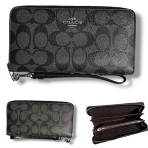 Coach Logo Zip-Around Clutch Wallet Colors Black Grey  C Signature Logo